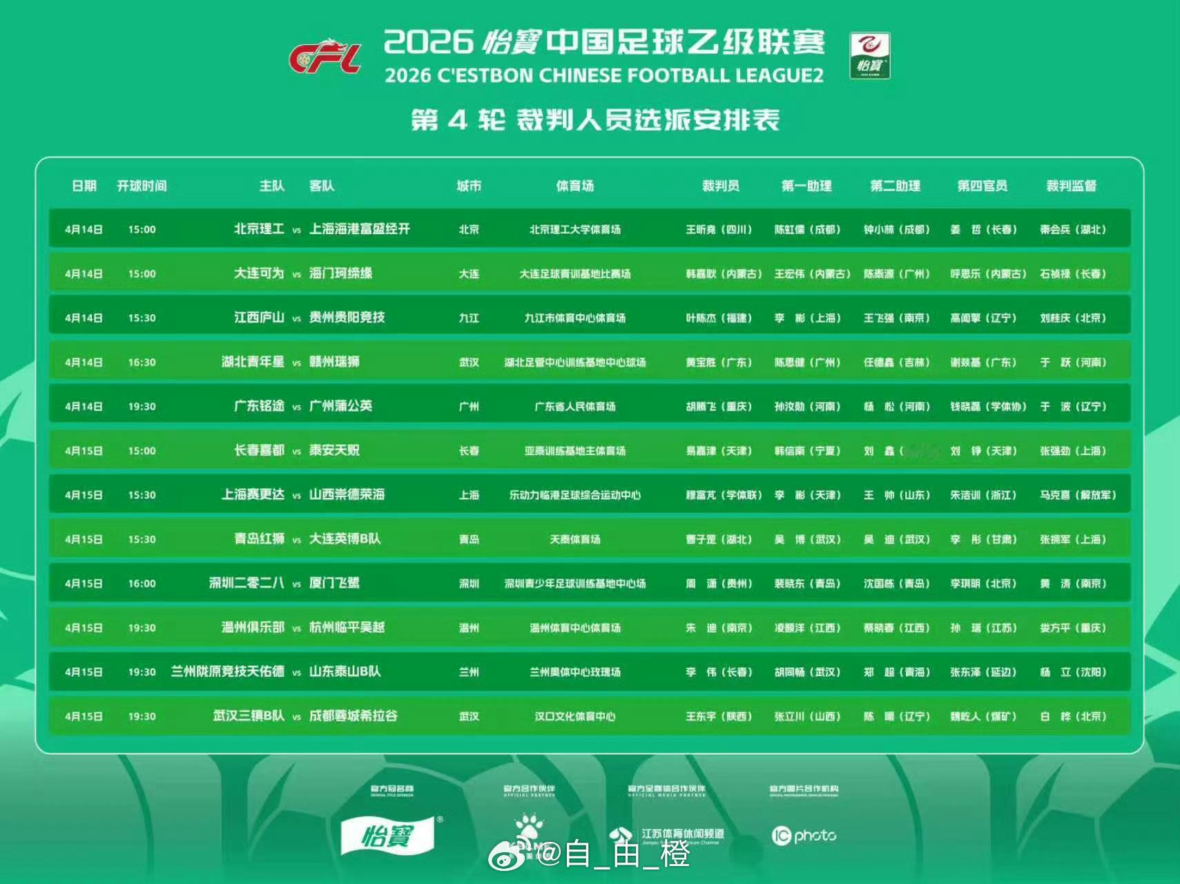 中乙联赛第4轮裁判选派。自由橙山东泰山