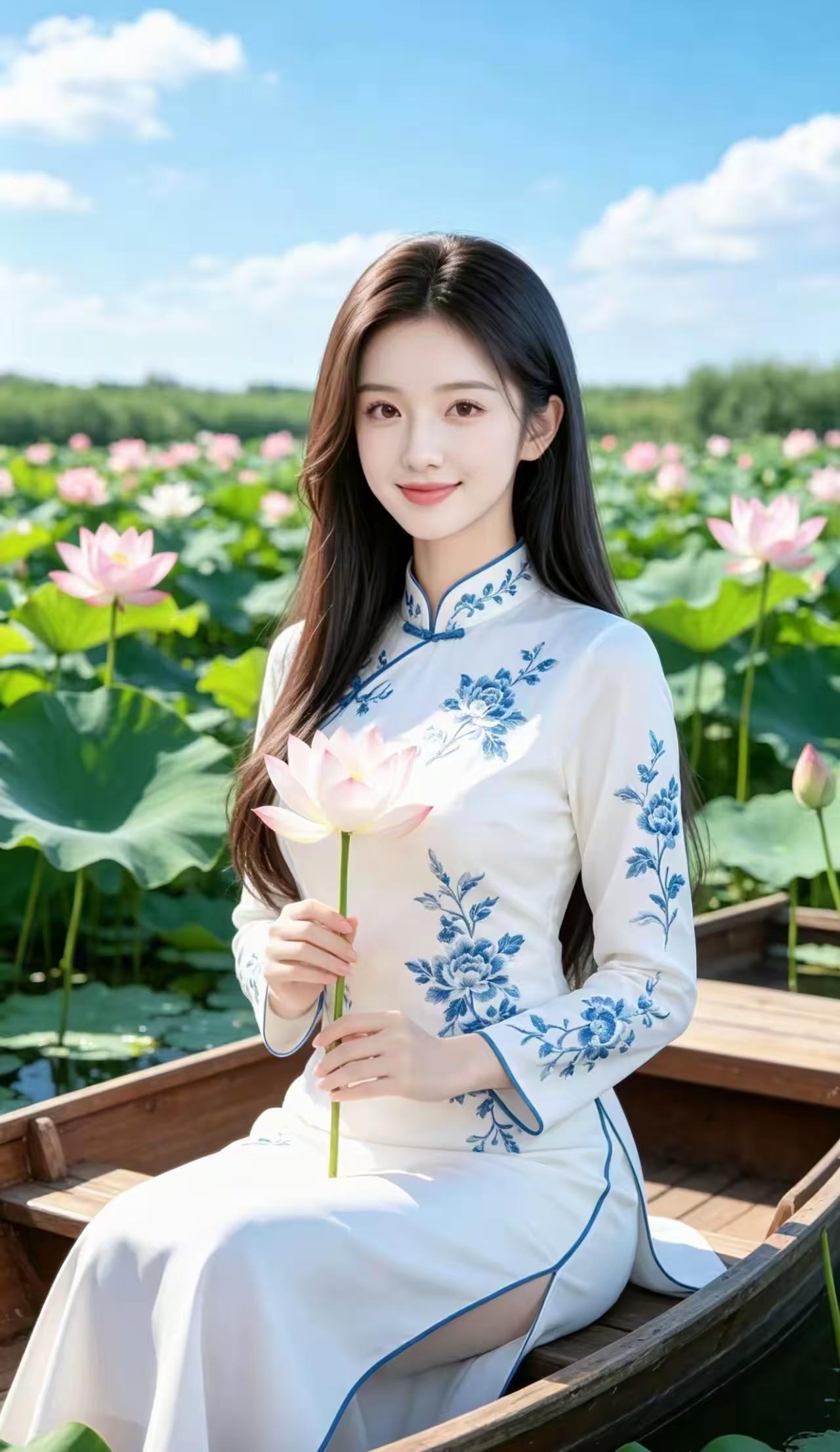 塞鸿秋·荷舟青花影 
晴空漾影云悠渡，
荷香十里芳盈路。
轻舟泛碧佳人驻，
旗袍