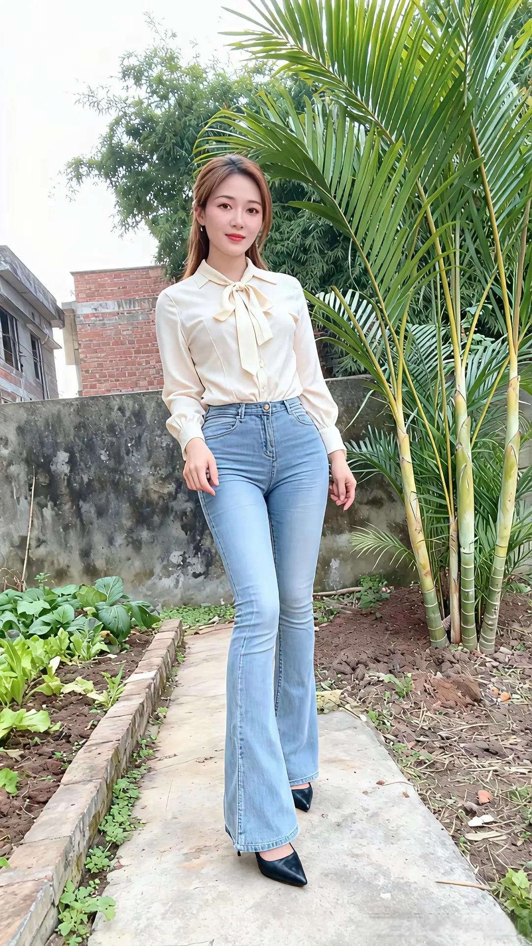 清新田园风穿搭，白色衬衫+牛仔裤，轻松自然，适合郊游！🌿👗👠