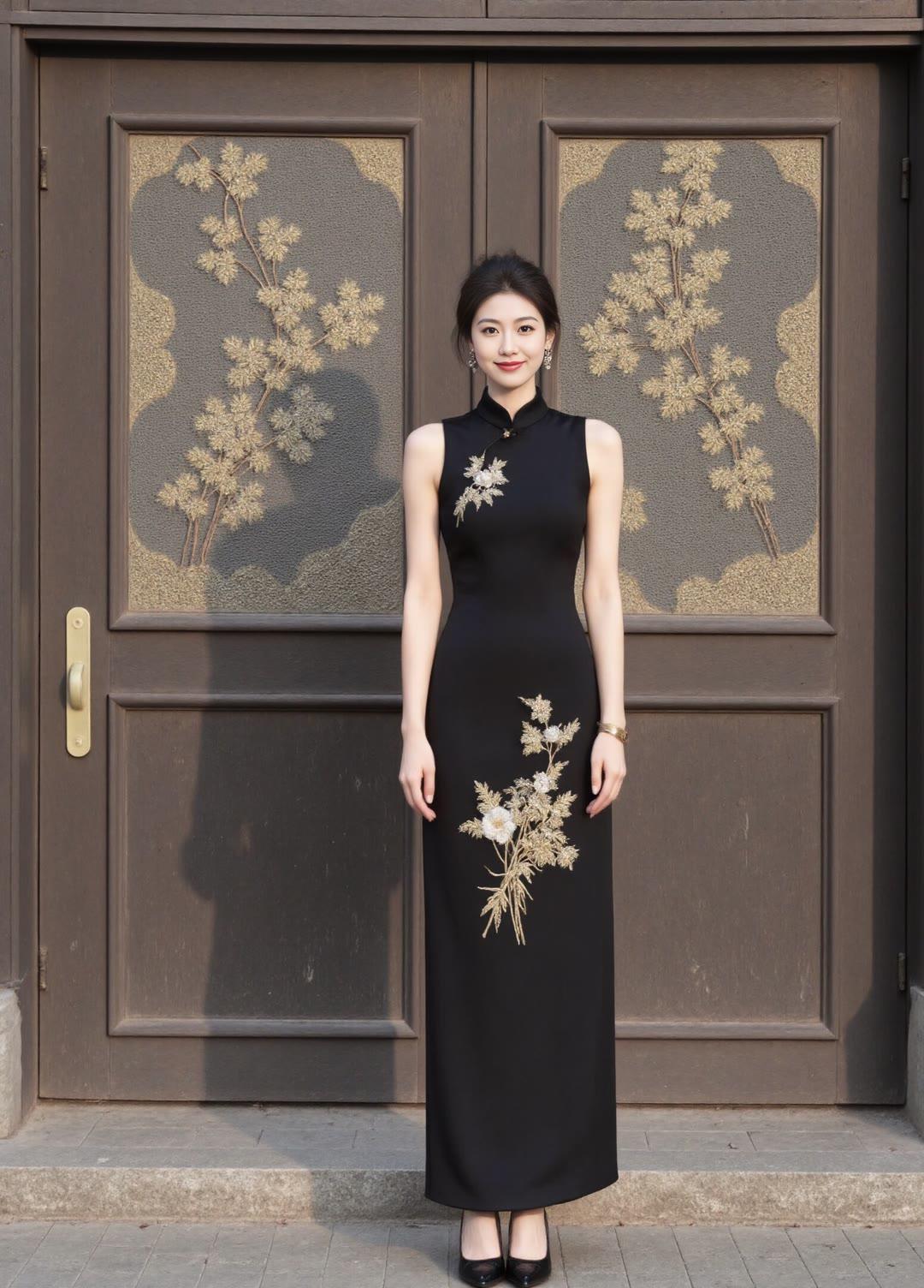 东方女性穿旗袍为什么这么美黑色无袖中式旗袍，演绎成熟优雅风格