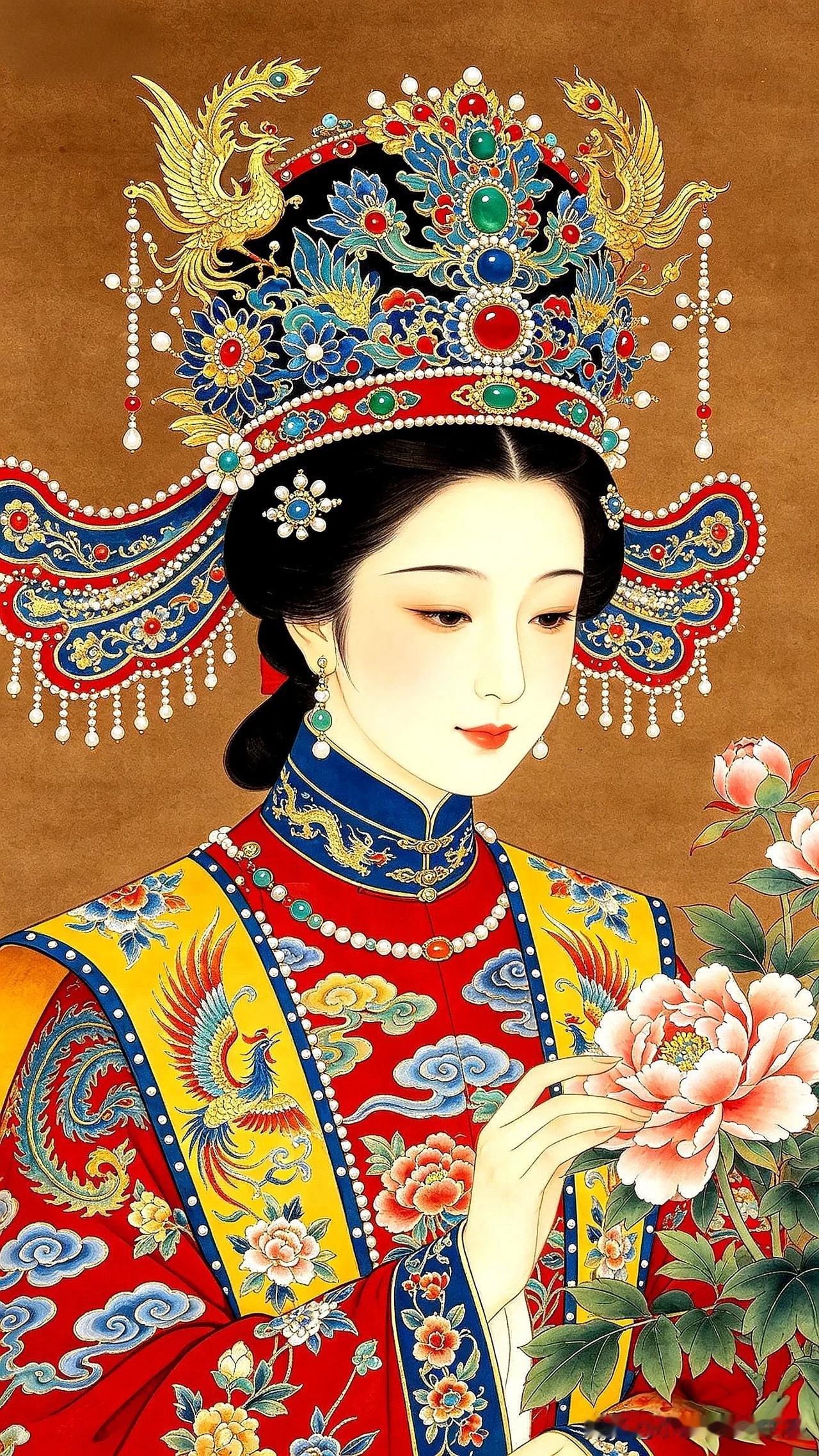 红妆美人捧花枝，华服锦衣映芳姿。
