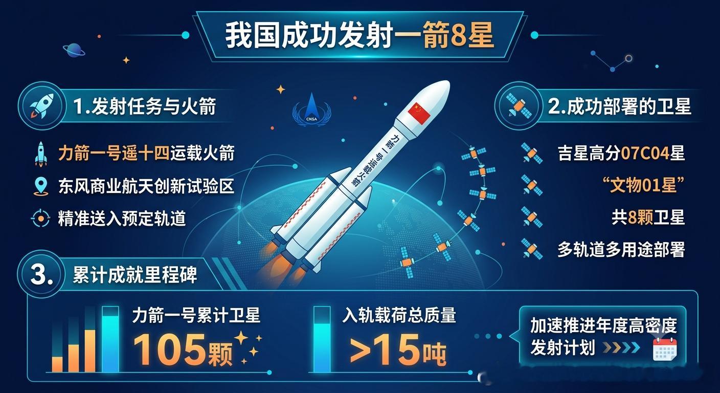 我国成功发射一箭8星 6月15日11时44分，我国在东风商业航天创新试验区成功使