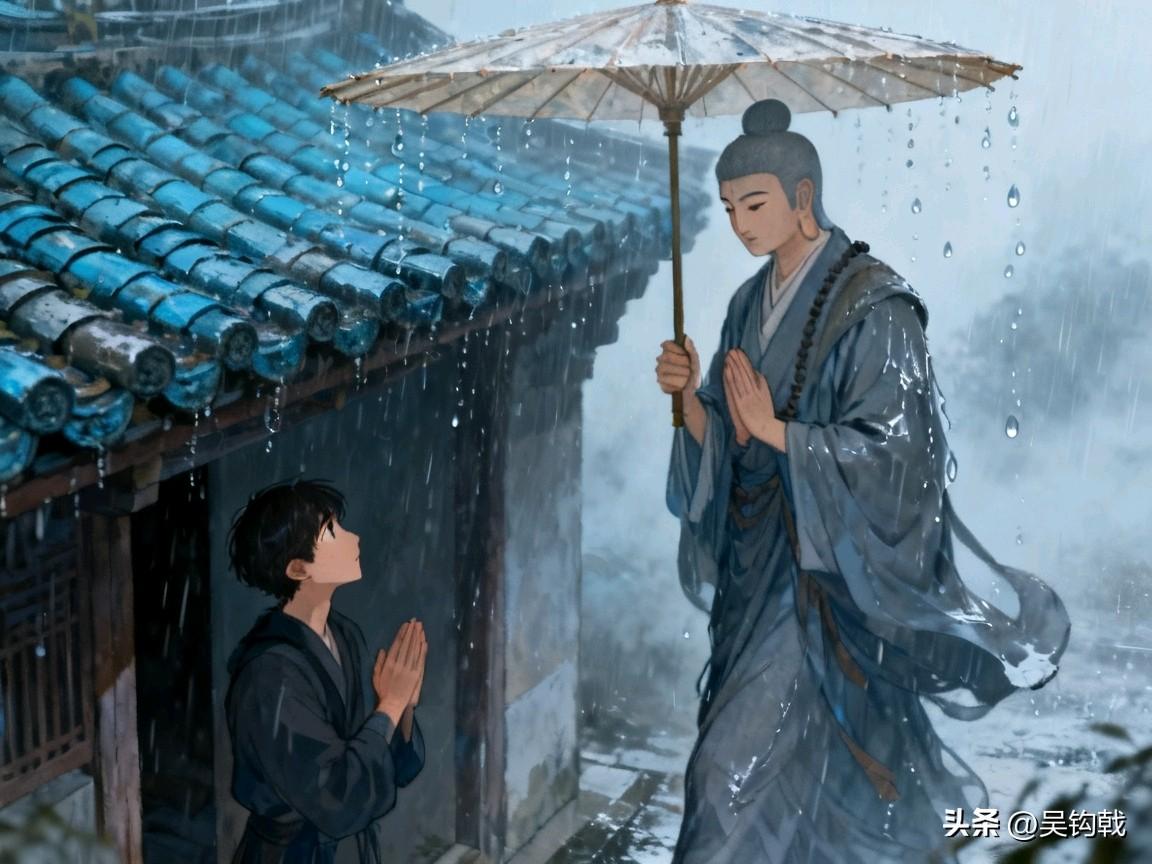 突然想起高中语文老师讲的一个故事。菩萨站在雨中打伞行走，一个人在屋檐下避雨。那个