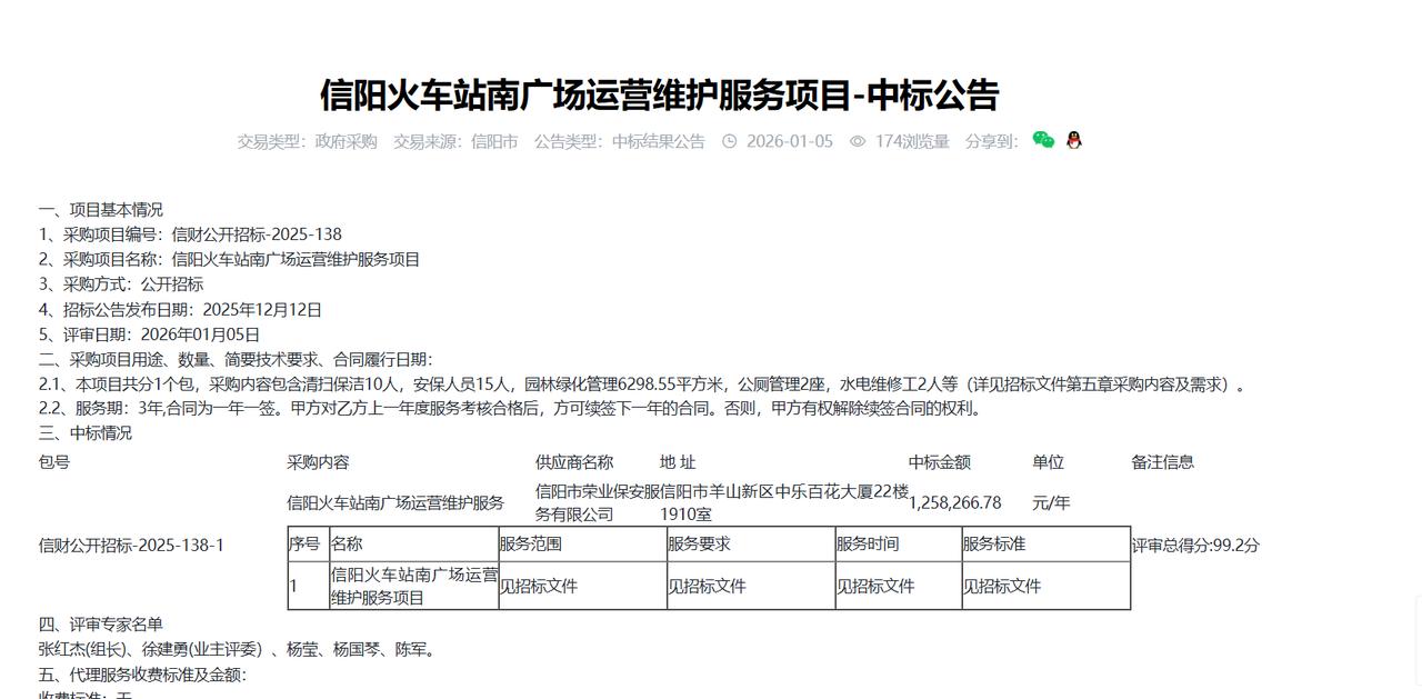 信阳火车站南广场运营维护服务项目-中标公告，金额125.8万元