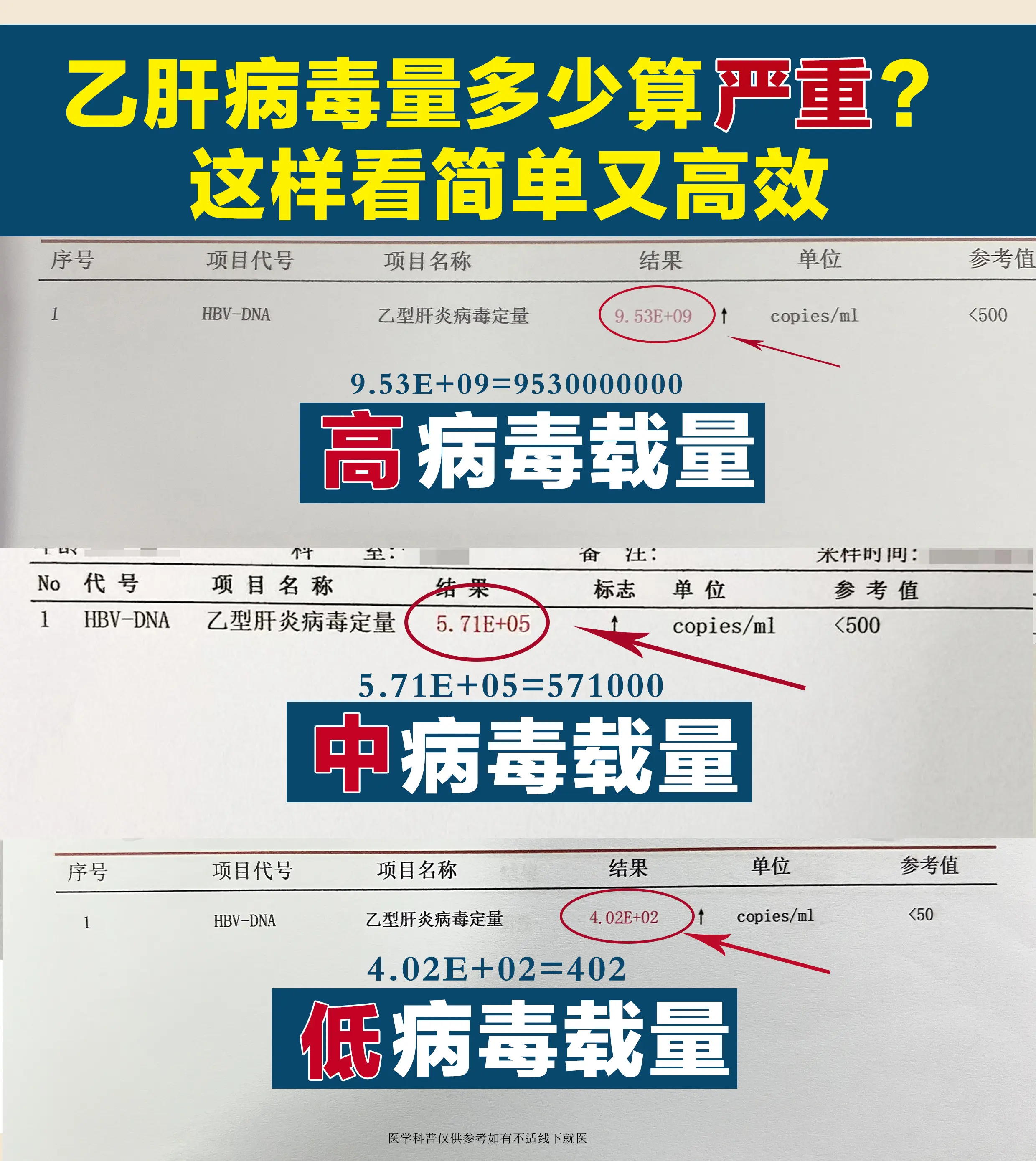 近期有多朋友发来检查单，病毒量五花八门，有＜500的，4次方，8次方...