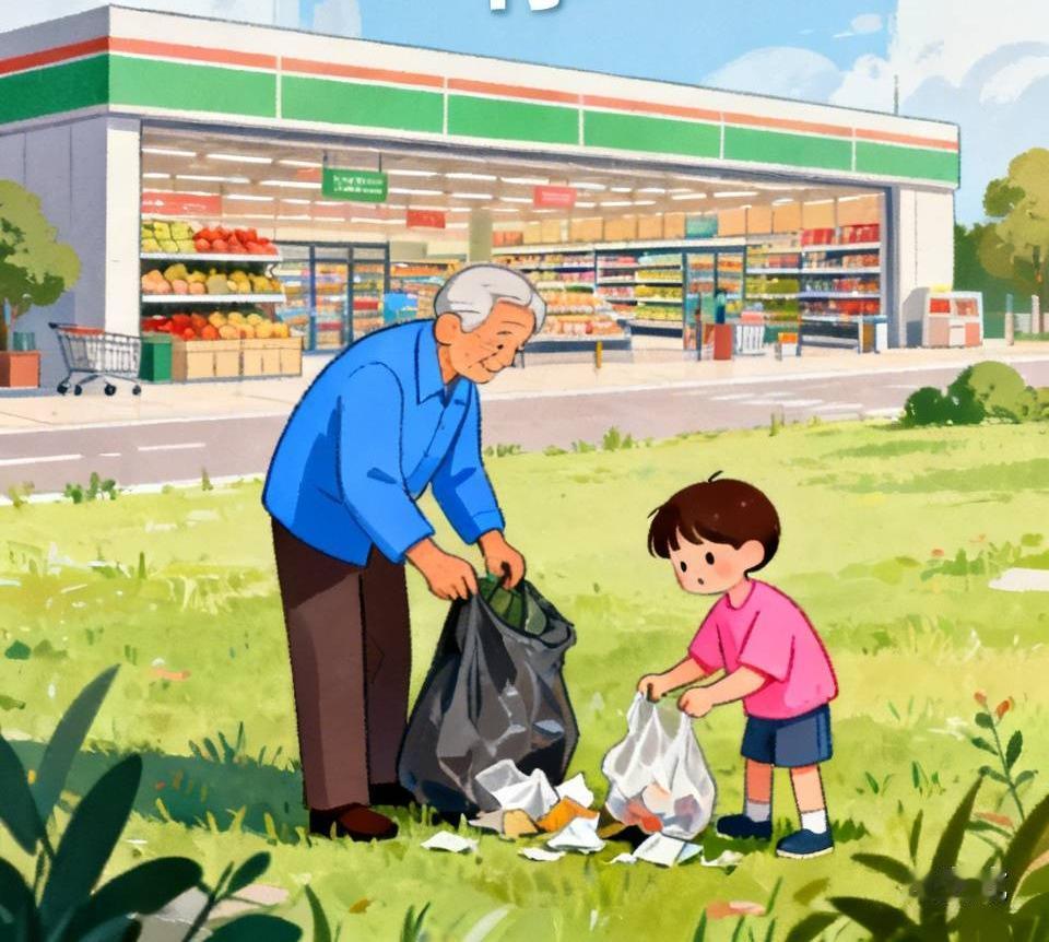【一位老爷爷在大型超市广场自发清理显眼而满地垃圾时，一位雅嫩的奶娃娃见了后，跚跚