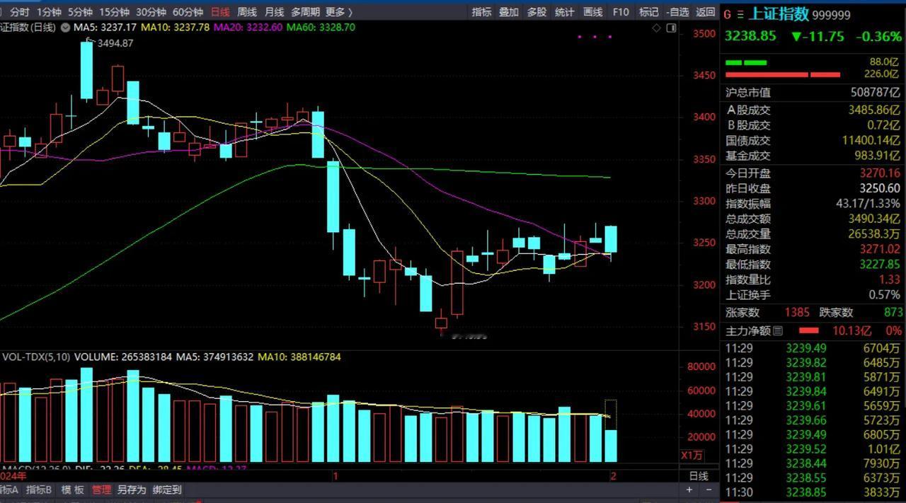 新年第一天上午运行收盘了，收在3238，应该说今天是很不满意的，大家都有比较大的