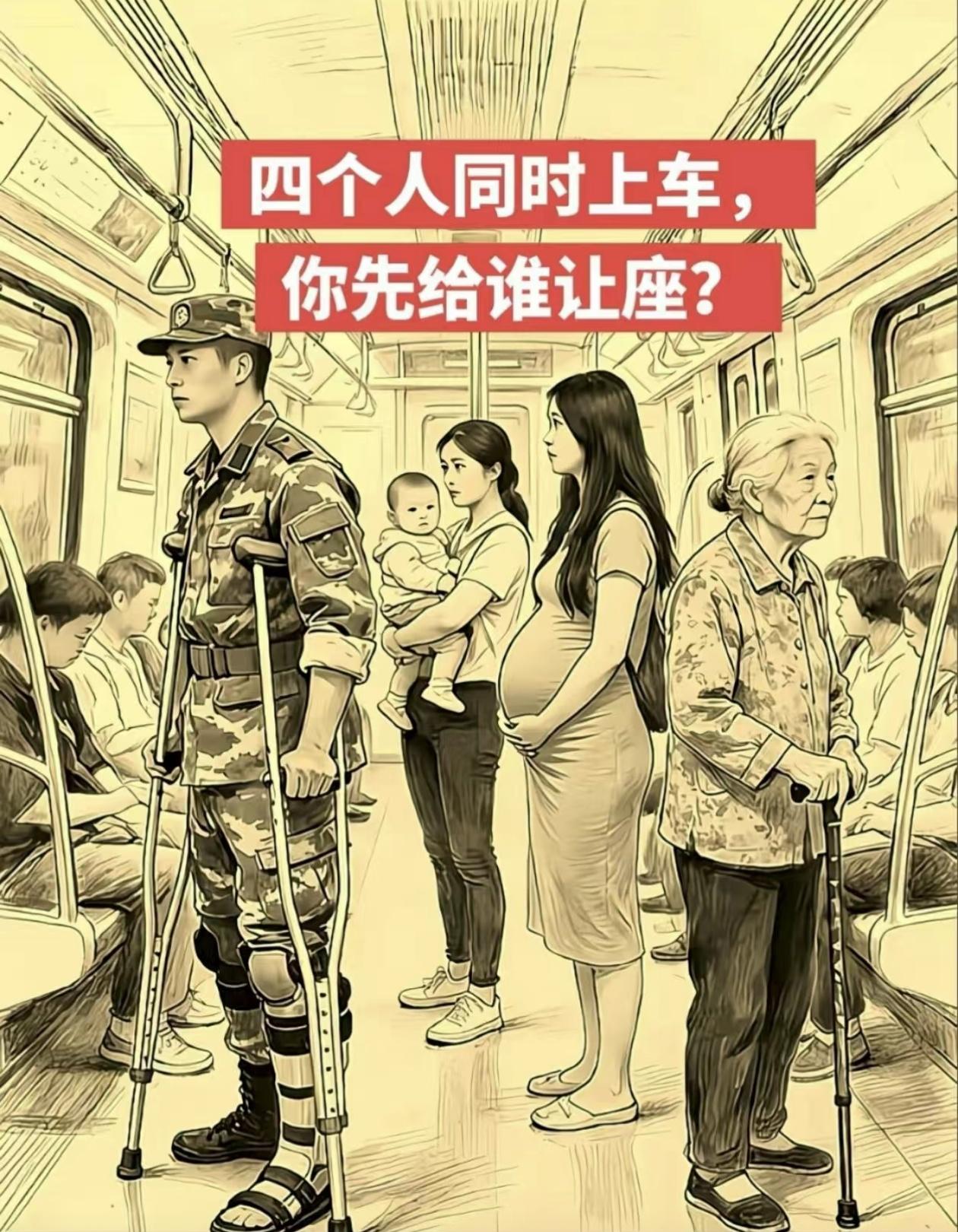 地铁让座难题刷屏：拄拐军人、抱婴妈妈、孕妇、老人，你先给谁？
 
今天看到一张扎
