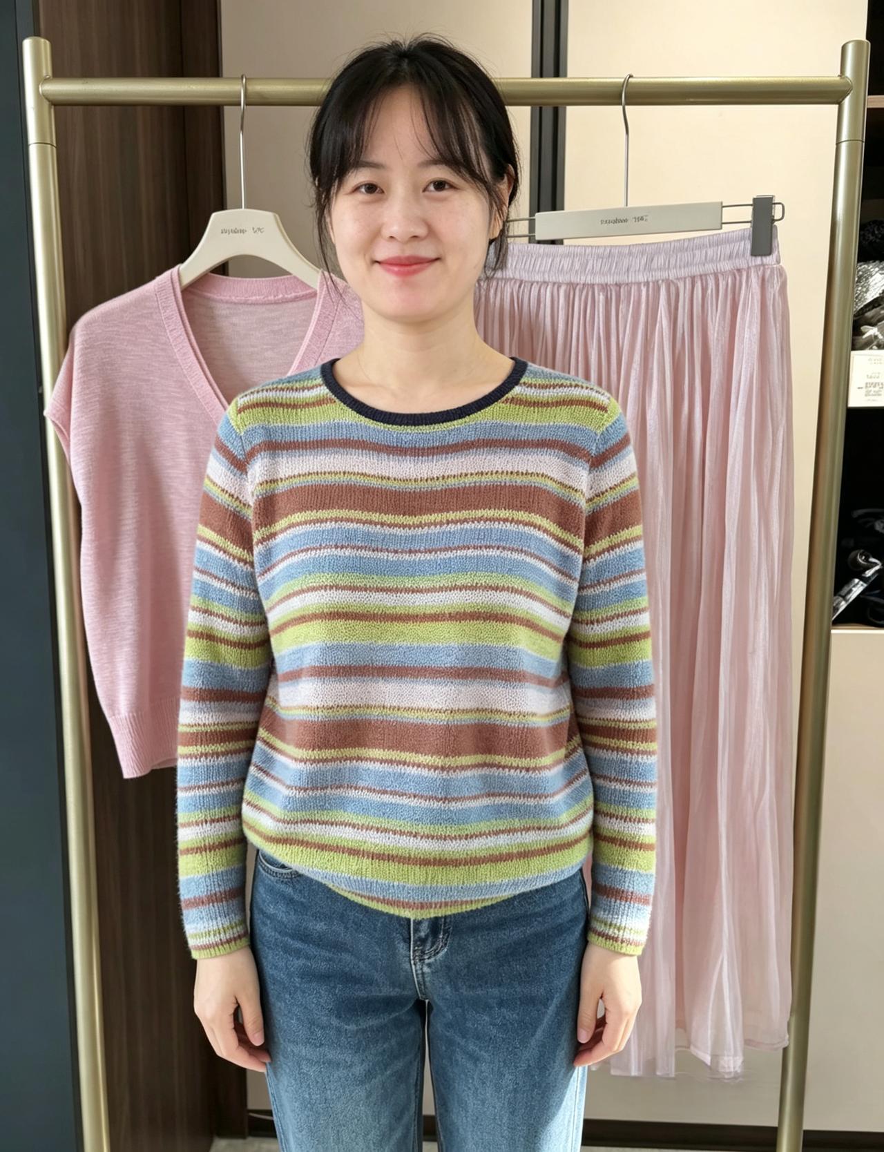 青棕蓝绿织春妆，浅笑安然气度芳。
莫道人间春色好，美人一站便春光。