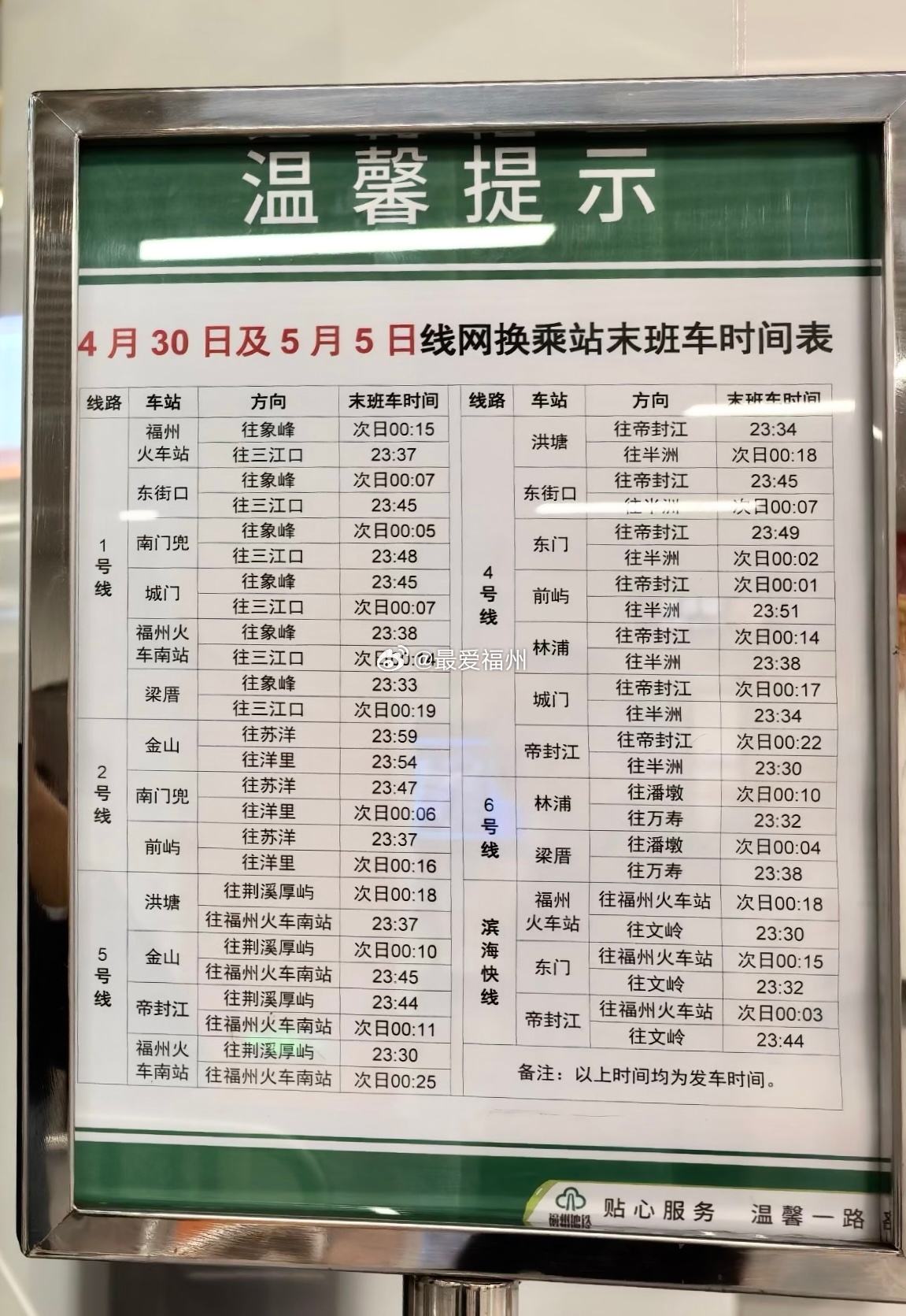 福州地铁五一假期不仅免费坐还贴心的做了一张线网换乘末班车时间 外地游客来榕旅游的