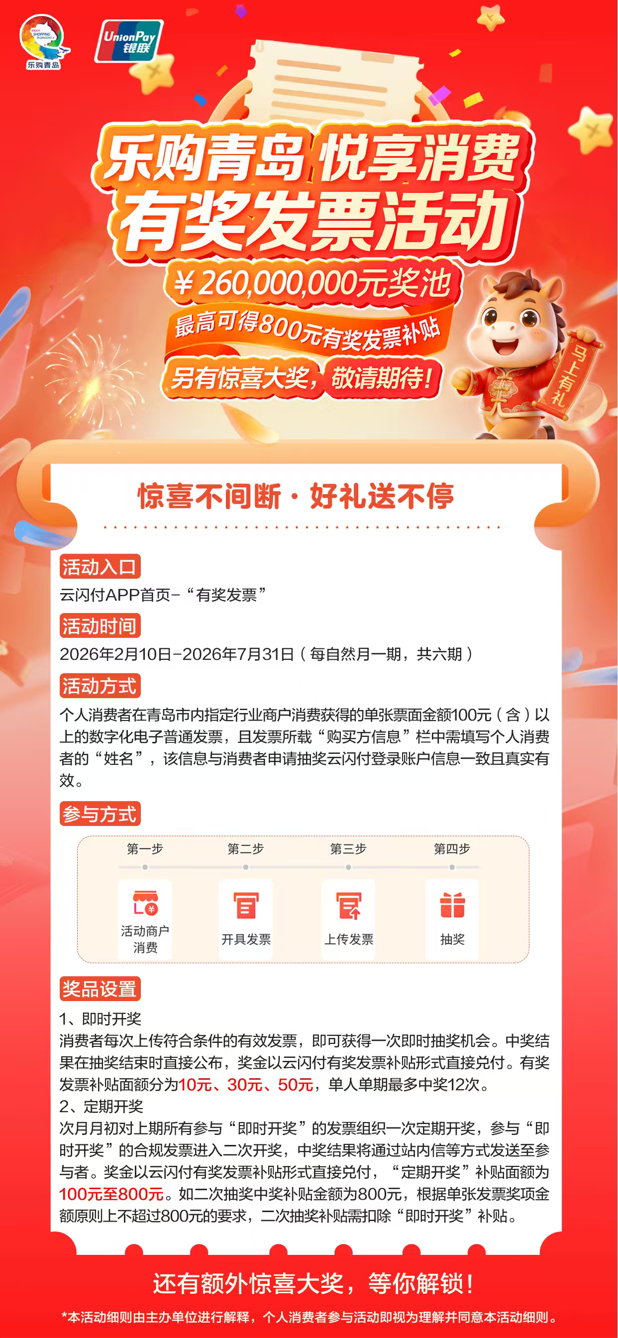 个人消费者在青岛市内指定行业商户单笔消费满100元（含）以上，开具电子发票时，在