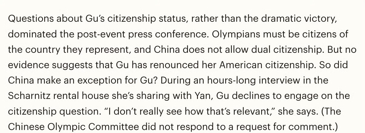 《时代周刊》新一期封面人物谷爱凌。文章中提到：谷爱凌接受了长达数小时的采访，却始