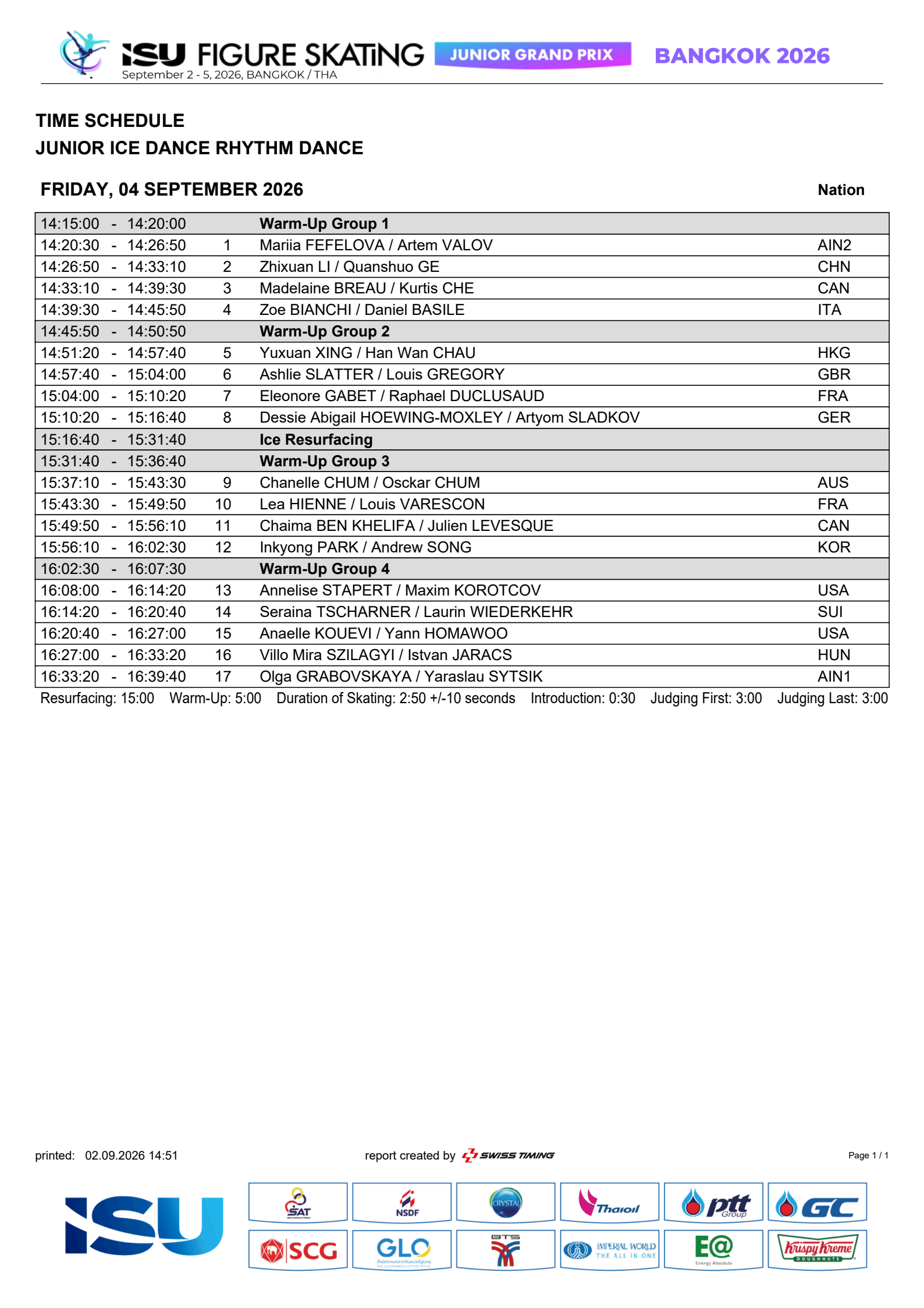 2026jgp泰国站 jgp泰国站冰舞韵律舞出场时间和顺序，北京时间请+1，中国