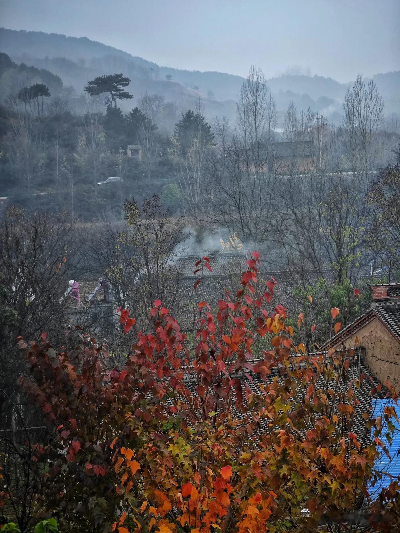 秋风起，枫叶落，寒烟笼山川。