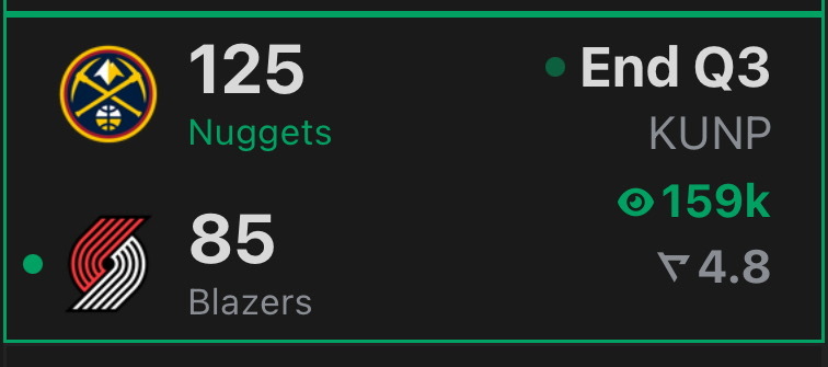 掘金三节125分，每一节都拿了40+掘金vs开拓者NBA