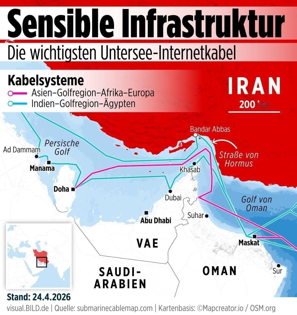 伊朗可能切断霍尔木兹海峡的海底光缆，使海湾国家与互联网断开连接。伊朗国家通讯社塔