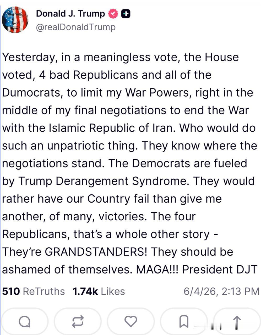 🇺🇸“坏共和党人与蠢民主党人”：特朗普猛烈抨击众议院旨在结束对伊战争的“毫无
