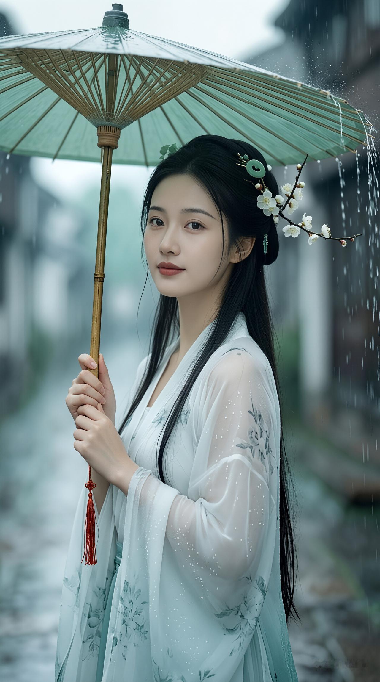 雨中漫步，撑伞的古典美人