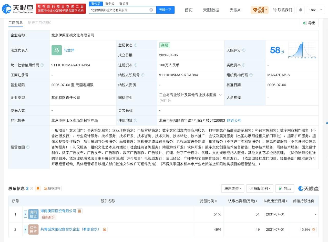 于正等在北京成立影视文化新公司
天眼查App显示，7月6日，北京伊原影视文化有限
