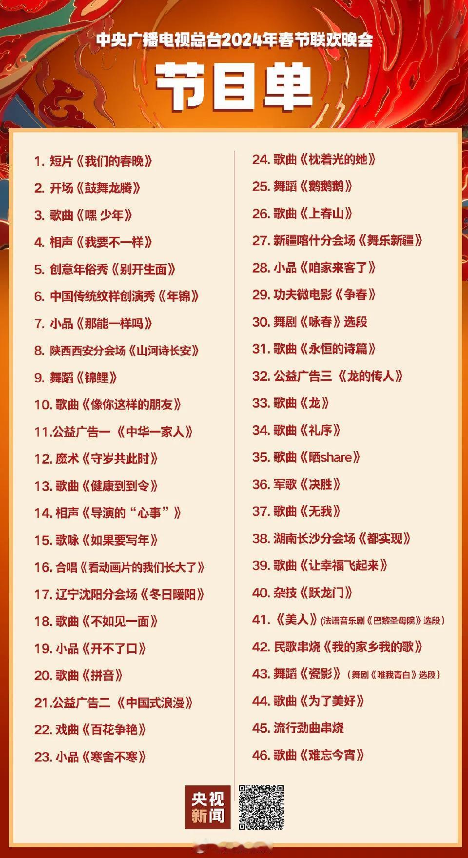 央视春晚节目单！