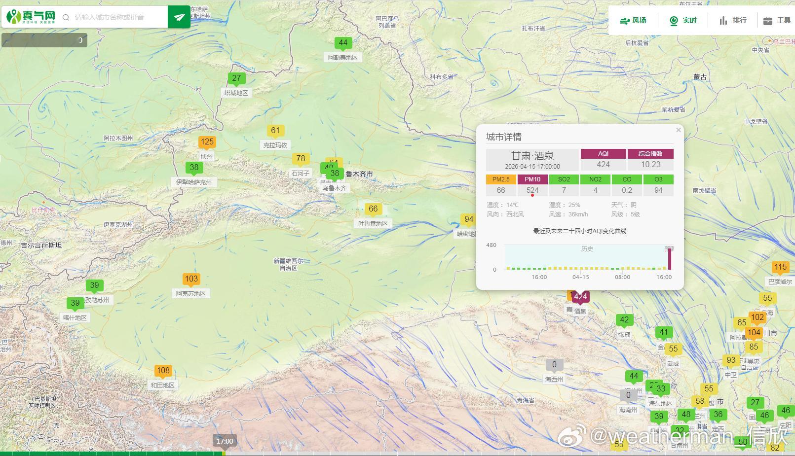 【雾 霾 沙尘】今天17时空气质量，甘肃酒泉出现沙尘污染。黑龙江大兴安岭首要污染
