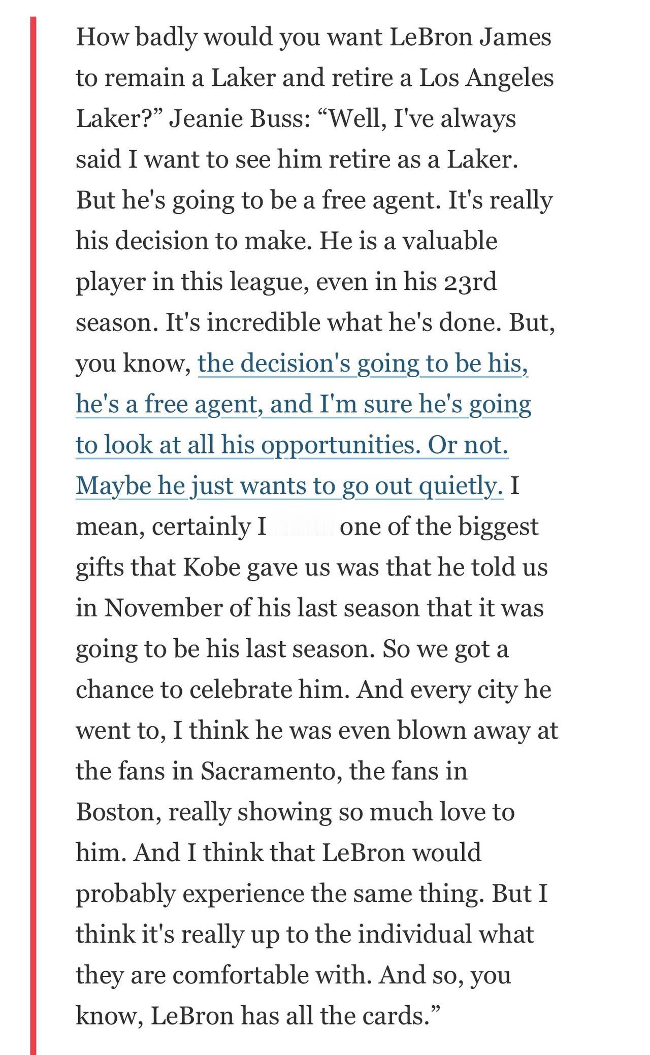 珍妮·巴斯聊詹姆斯续约与退役

湖人前老板珍妮·巴斯明确表示，一直期望詹姆斯以湖