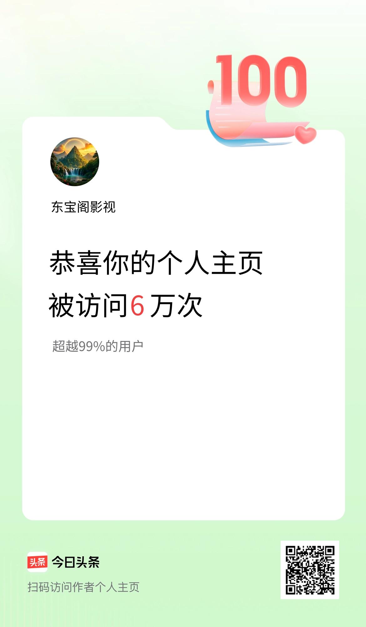 我的头条个人主页被访问6万次啦！