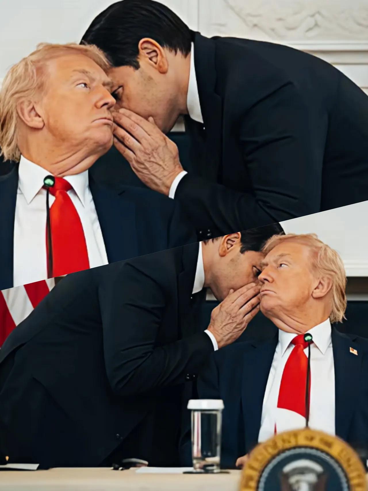 特朗普的表情和眼神是什么意思呢？
鲁比奥和特朗普在说什么悄悄话呢？
特朗普听了鲁