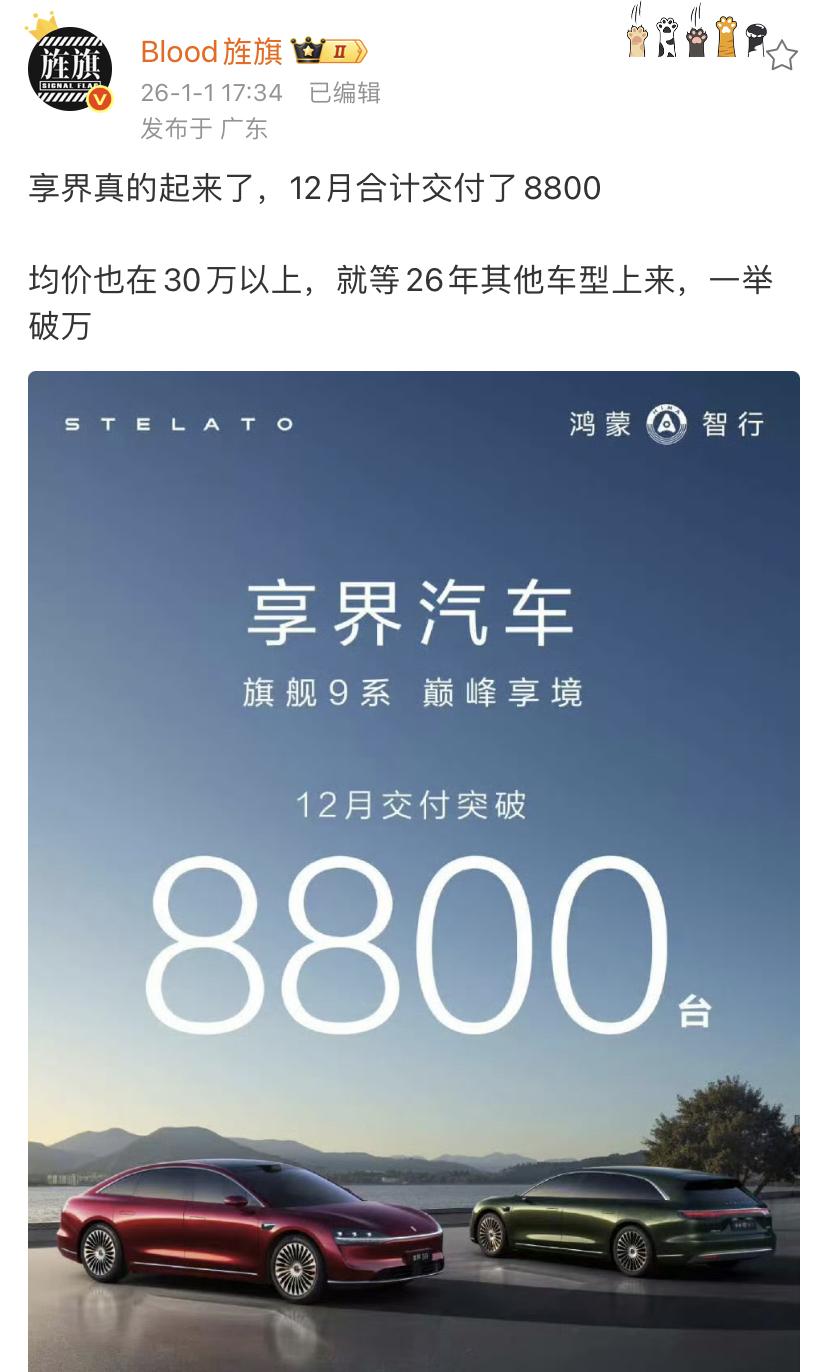 艹老师：享界真的起来了，12月合计交付了8800！

均价也在30万以上，就等2