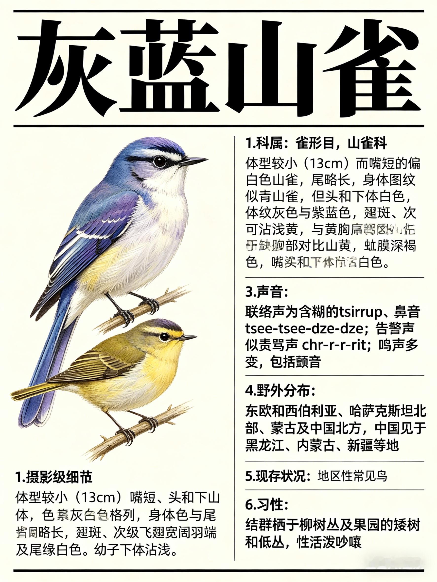鸟类朋友图鉴 灰蓝山雀·科属：雀形目，山雀科。·外形特征：体型较小（13cm）而