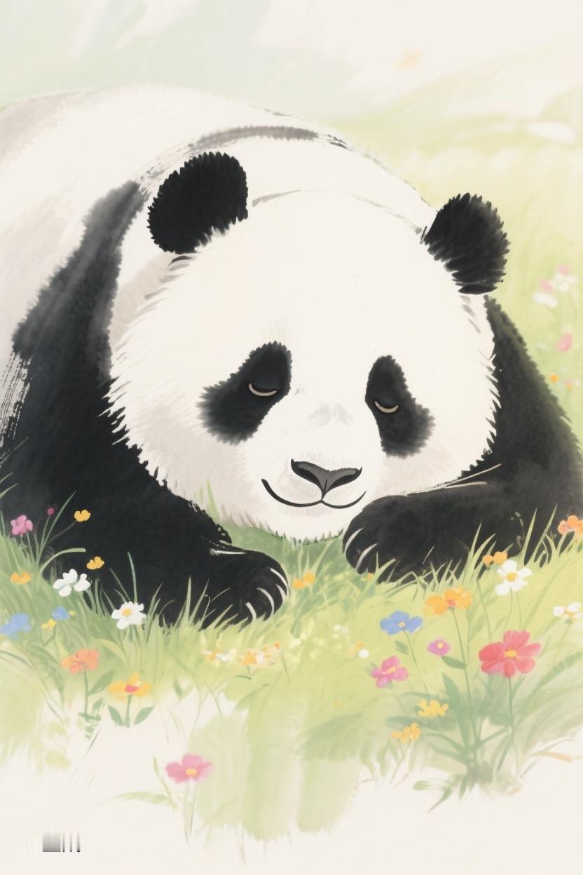 AI随心绘熊猫卧于繁花草地间，似享岁月安谧，在这喧嚣世界，寻一方心灵静土🎋