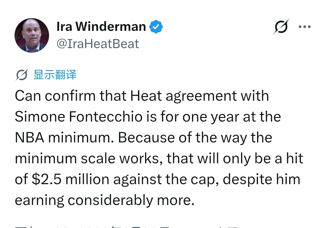 Ira Winderman：冯泰奇奥和热火一年续约合同中仅有250万美元会计入球