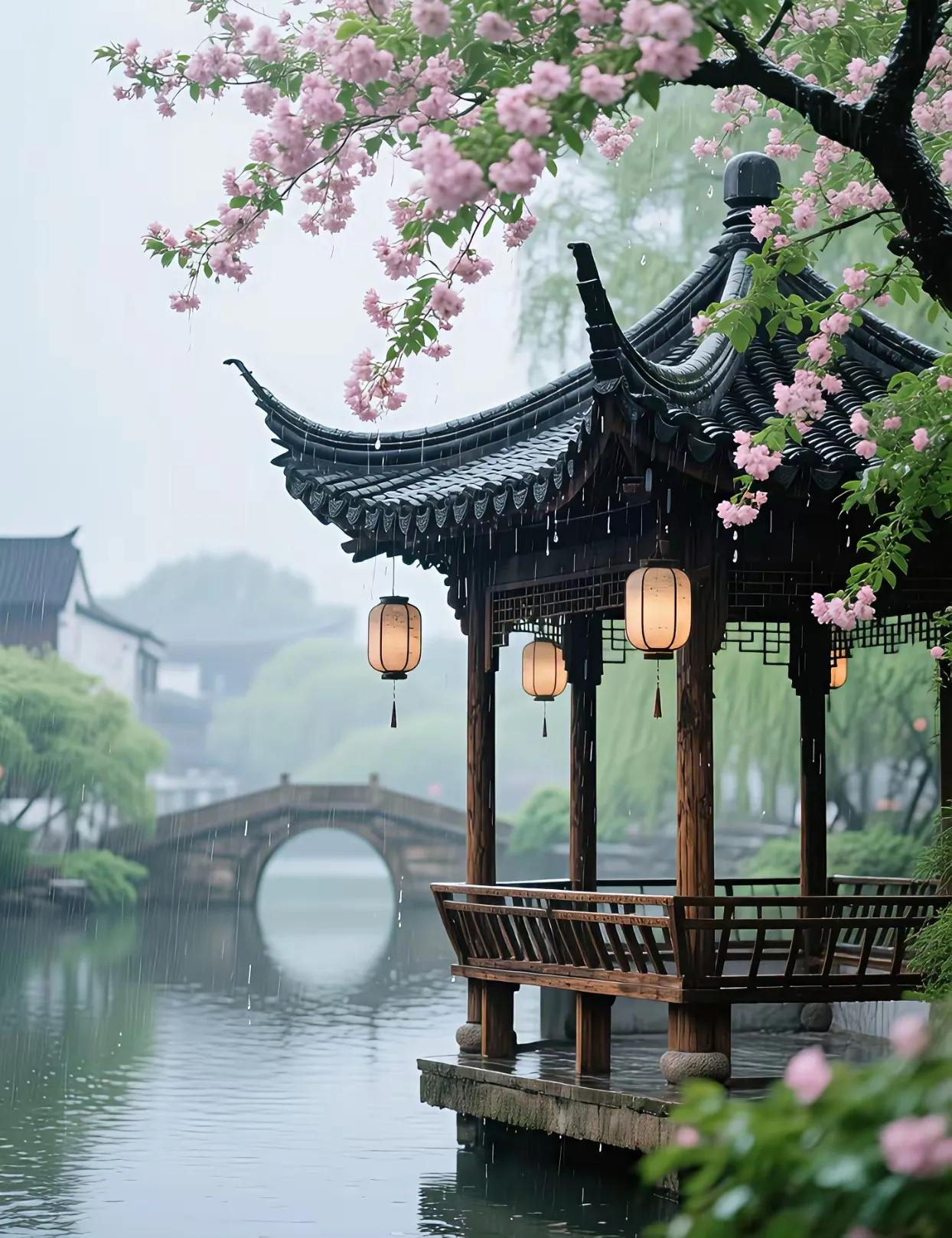 上联：小桥楼台雾霭重
下联：平湖烟雨润江南