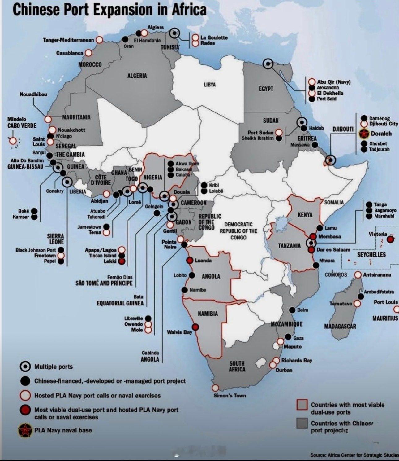 【中国在非洲的港口扩建】这张地图突显了中国在非洲广泛的海上影响力： 中国投资、开