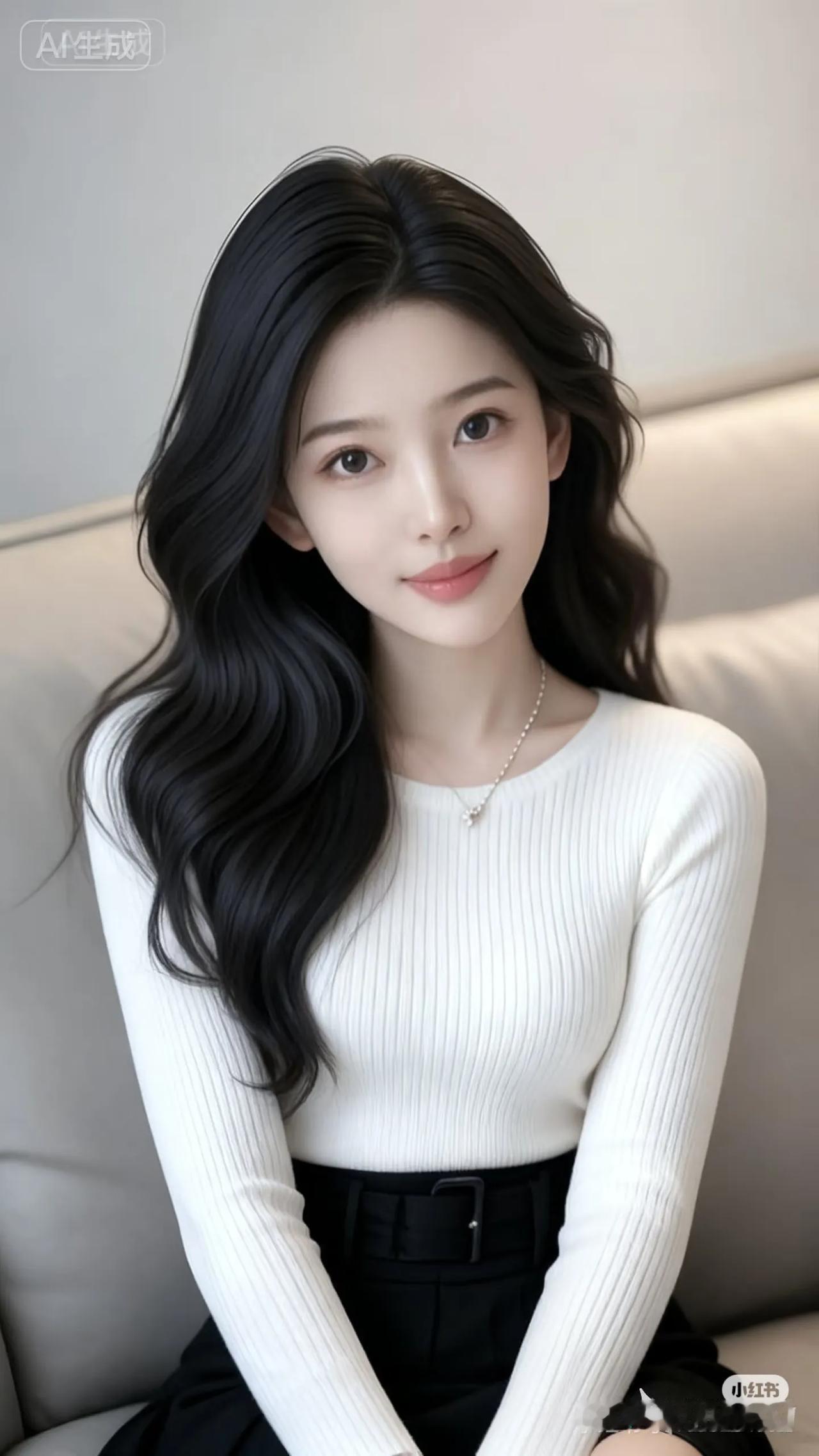 温柔黑发少女，白色毛衣搭配黑色裙子，清新自然。街拍 高清美女