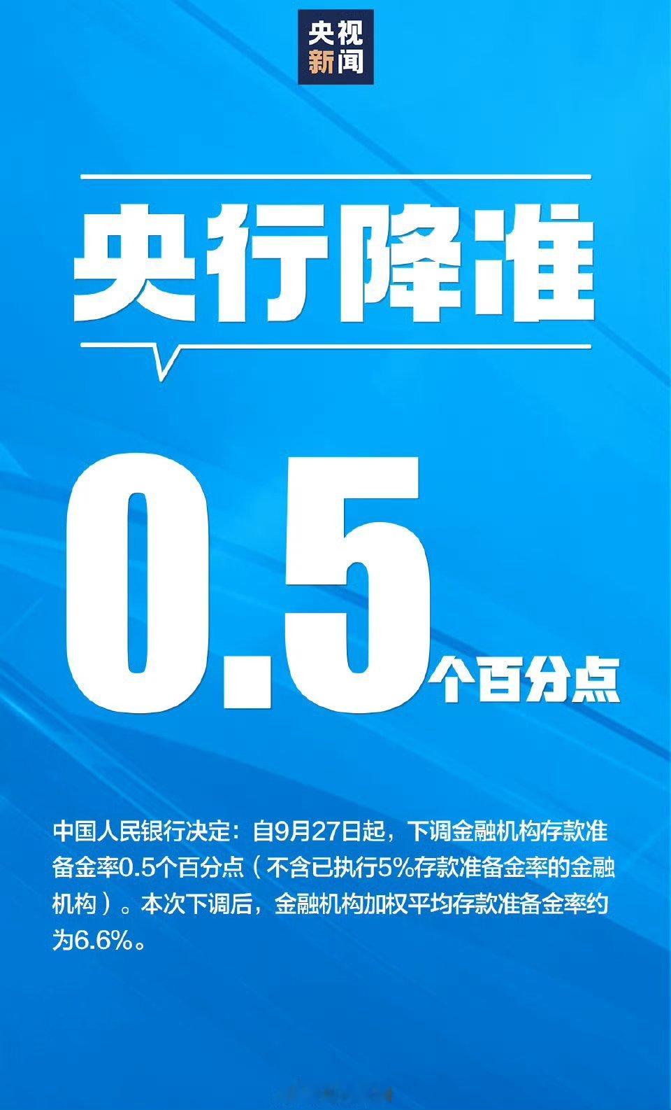 #中国人民银行决定降准#【9月27日起，#下调存款准备金率0.5个百分点#】中国