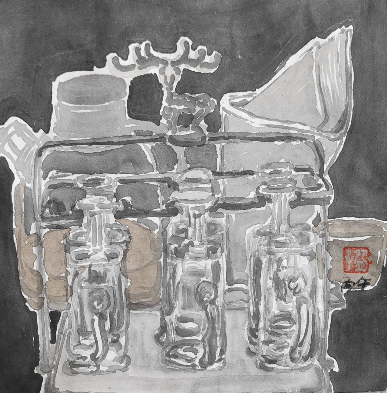 碗子的纸片水墨《茶具、酒器和纸巾》