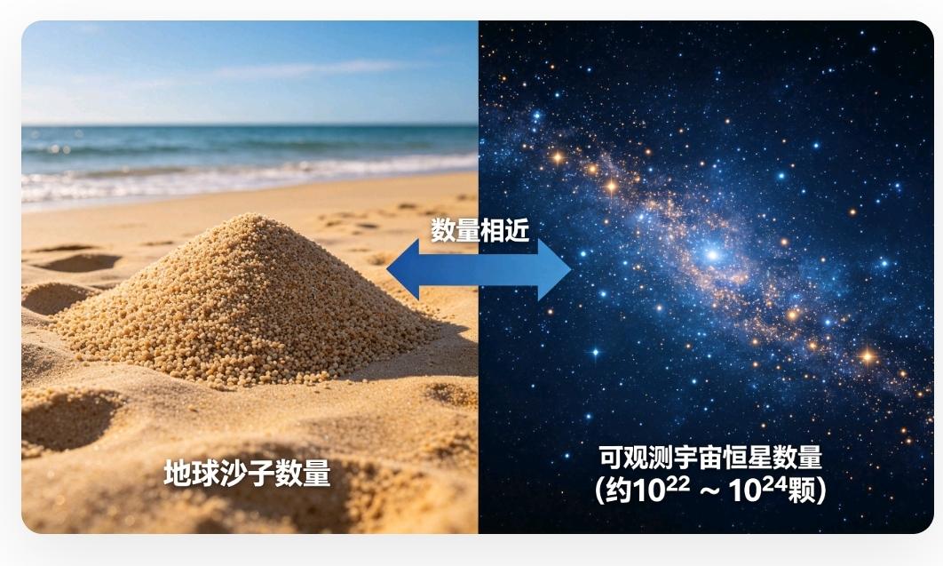 宇宙恒星知多少？
1 万亿亿亿 颗左右！相当于地球上的沙子数量。