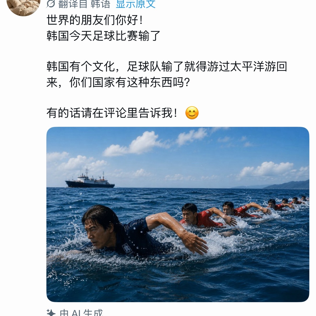“韩国有个文化，足球队输了就得游过太平洋游回来，你们国家有这种东西吗？”“让教练