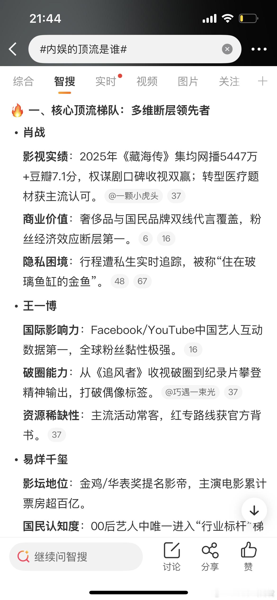 男：肖战、王一博、易烊千玺。女：赵丽颖、杨幂、刘亦菲、迪丽热巴、杨紫 