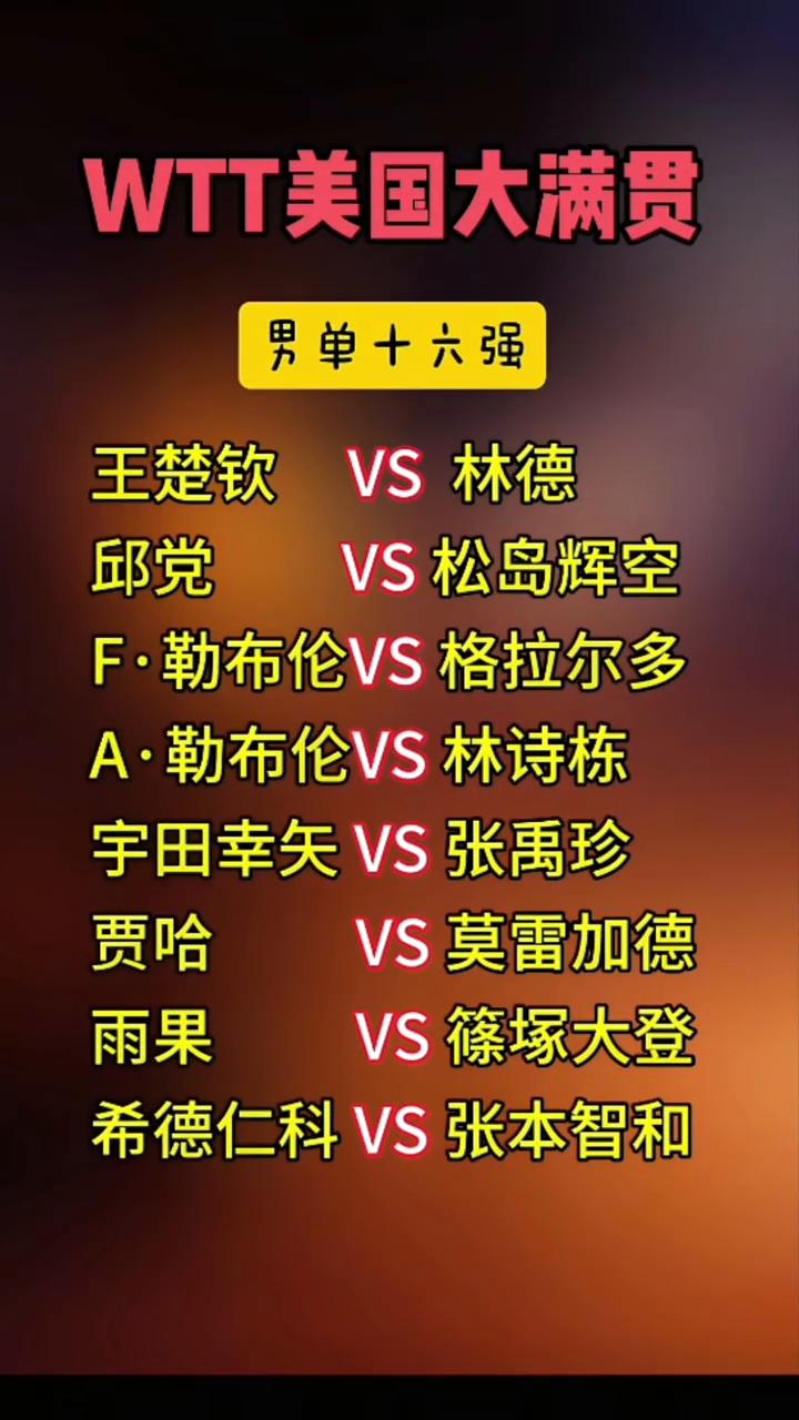 WTT美国大满贯男单十六强。
王楚钦VS松岛辉空。
F·勒布伦VS格拉尔多。
A