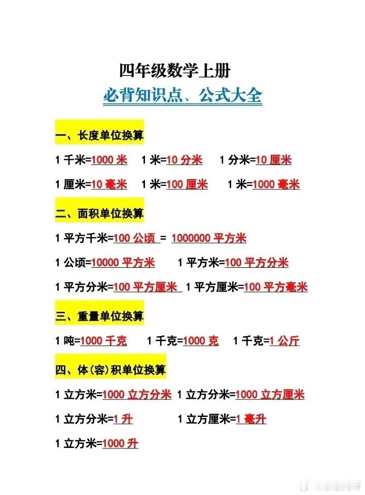 四年级数学必背知识点、公式大全 