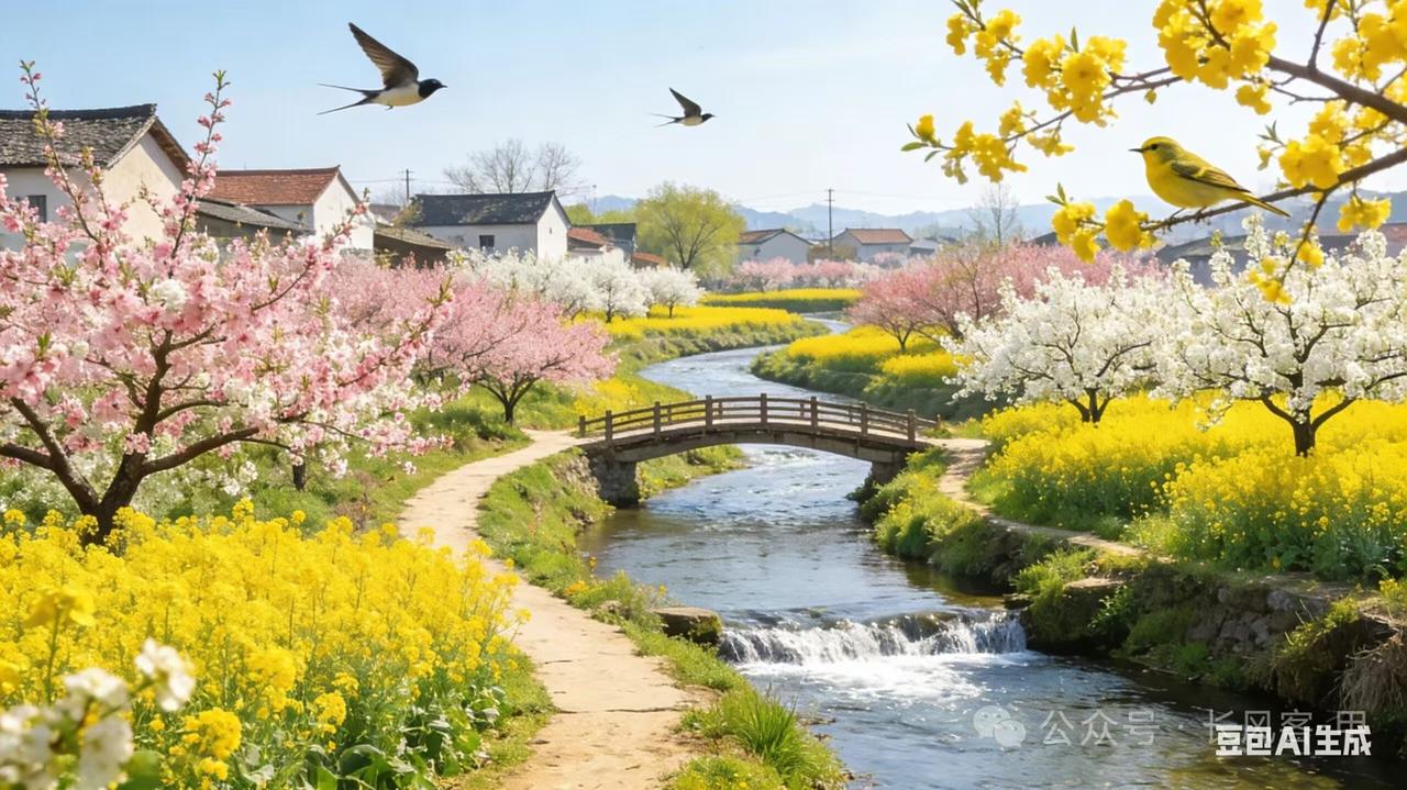 塞鸿秋·春居
丙午仲春风和暖，
村郊燕舞莺声啭。
桃红李艳争容面，
菜花黄遍映溪