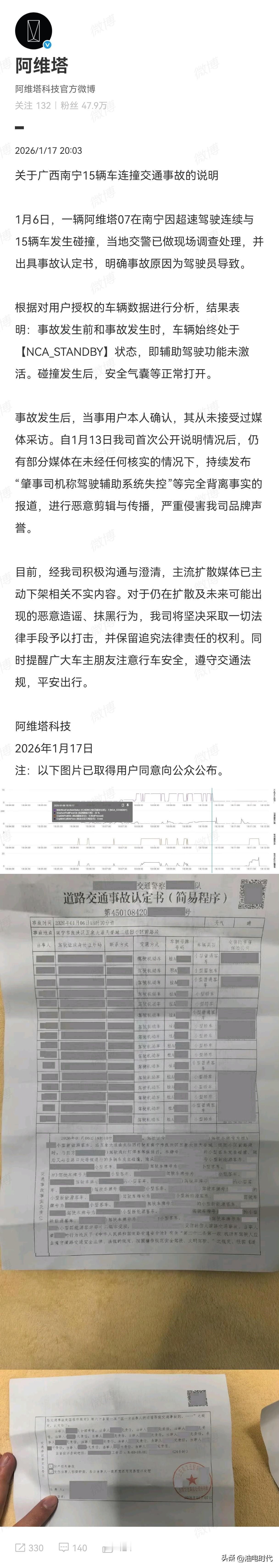 阿维塔关于南宁15辆车连撞问题做了回应:
1、事故发生前/时都没有开启辅助驾驶；