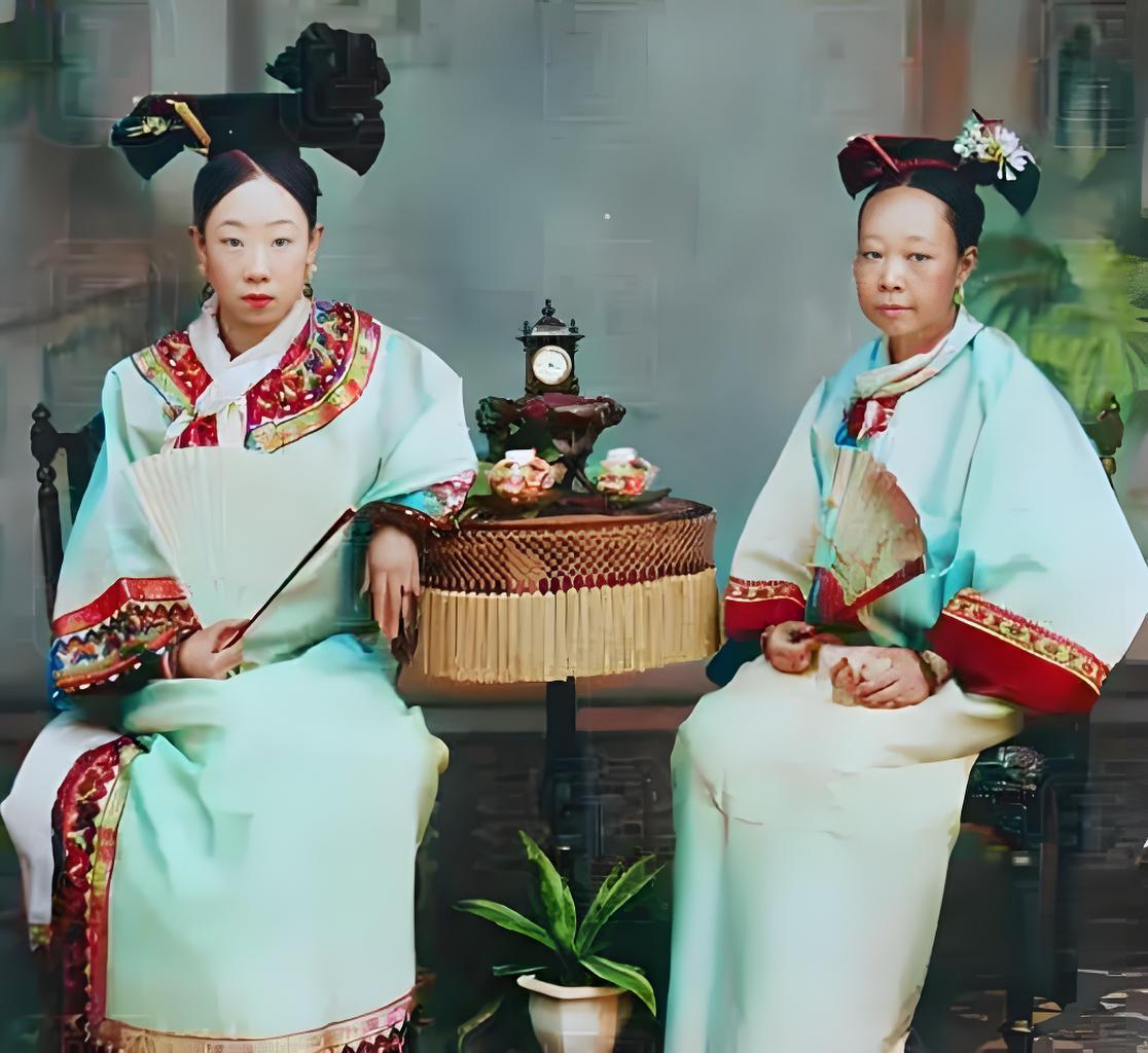 这张老照片里，两位身着传统旗装的晚清满族女性相对而坐。左边女子头戴“两把头” 旗