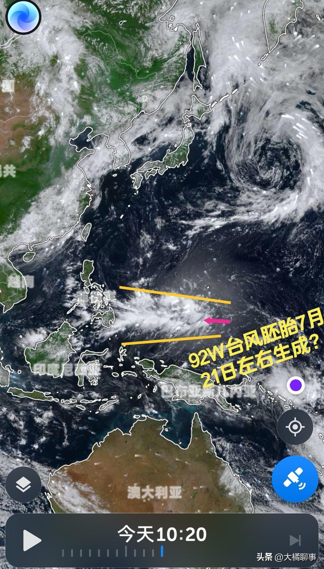 7月21日左右，92W台风胚胎热带扰动或生成？据气象流场风场预测与卫星云图观测显