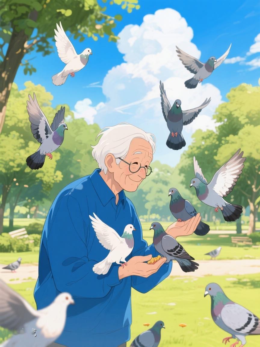 AI妙生图在公园，白鸽环绕老人掌心，那是岁月里的宁静，每一次停留都有温暖的秘密✨