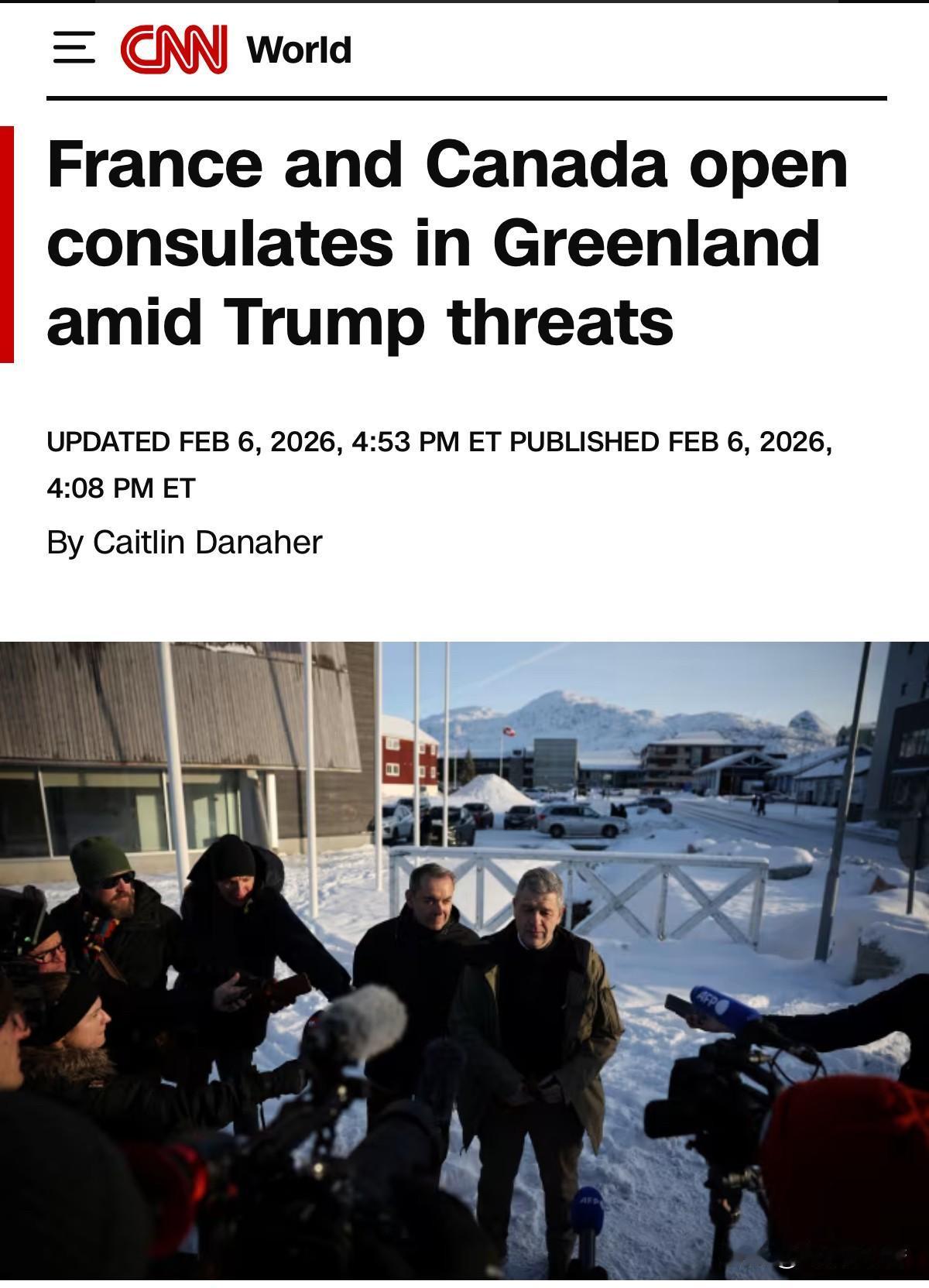 在川普不断威胁要拿下格陵兰岛的情况下，法国和加拿大在格陵兰首府努克开设了领事馆。