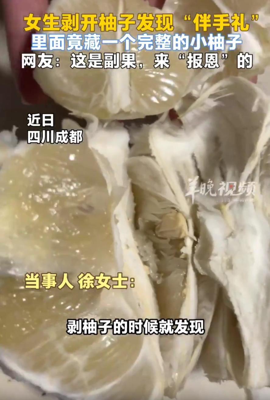 “报恩果？”四川成都，女子买了一个柚子回家吃，可剥开柚子后就发现中间有个部分是空