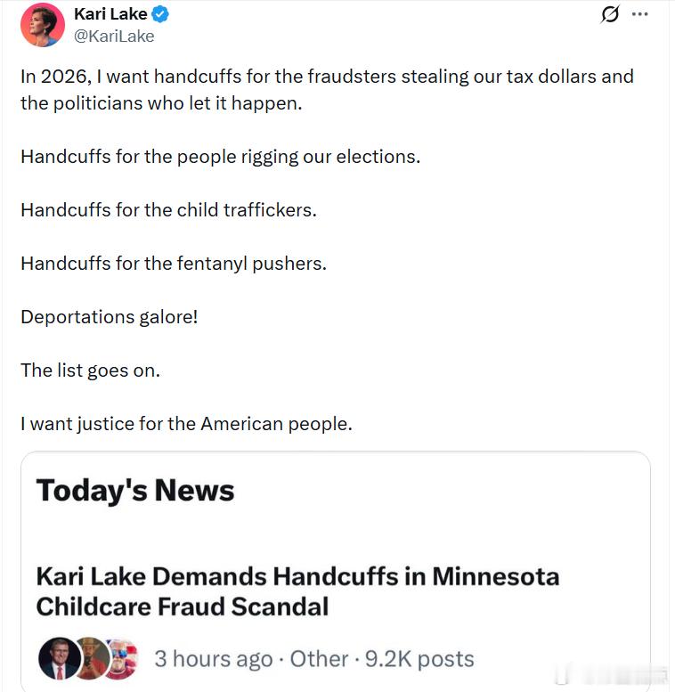 卡莉·莱克：在2026年，我希望那些盗窃我们纳税人钱款的欺诈者，以及纵容这一切发